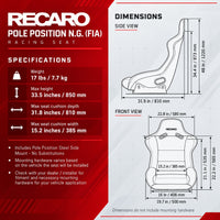 Thumbnail for Recaro Pole Position N.G. FIA racing seat dimensions chart with side and front measurements, weight, height, cushion depth, and seat width