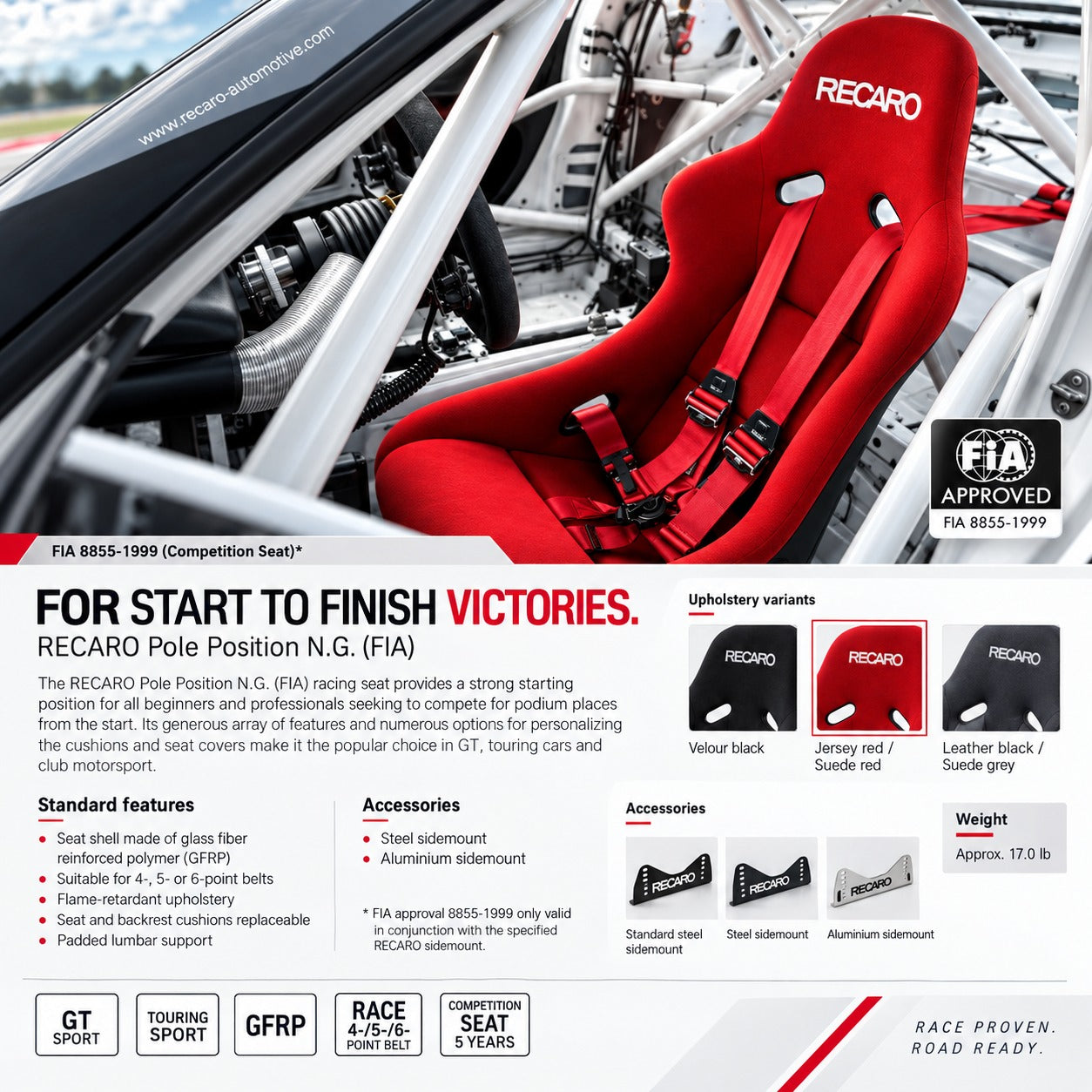 Recaro Pole Position N.G. FIA red racing seat installed in a race car with harnesses, FIA approval, upholstery options, and feature details