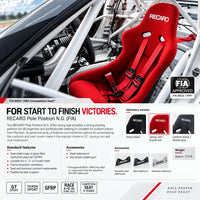 Thumbnail for Recaro Pole Position N.G. FIA red racing seat installed in a race car with harnesses, FIA approval, upholstery options, and feature details