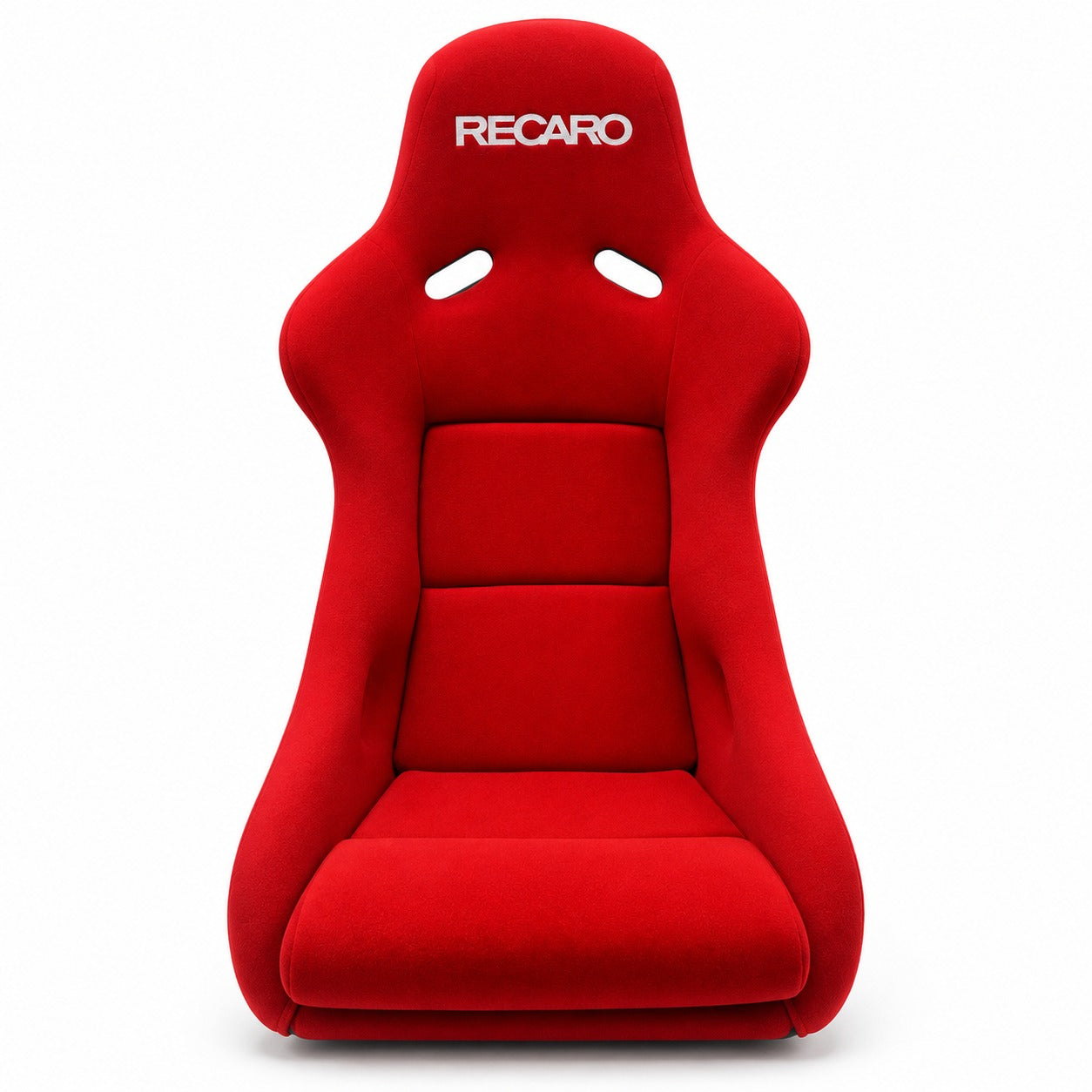 RECARO red racing bucket seat front view with integrated harness openings