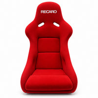 Thumbnail for RECARO red racing bucket seat front view with integrated harness openings