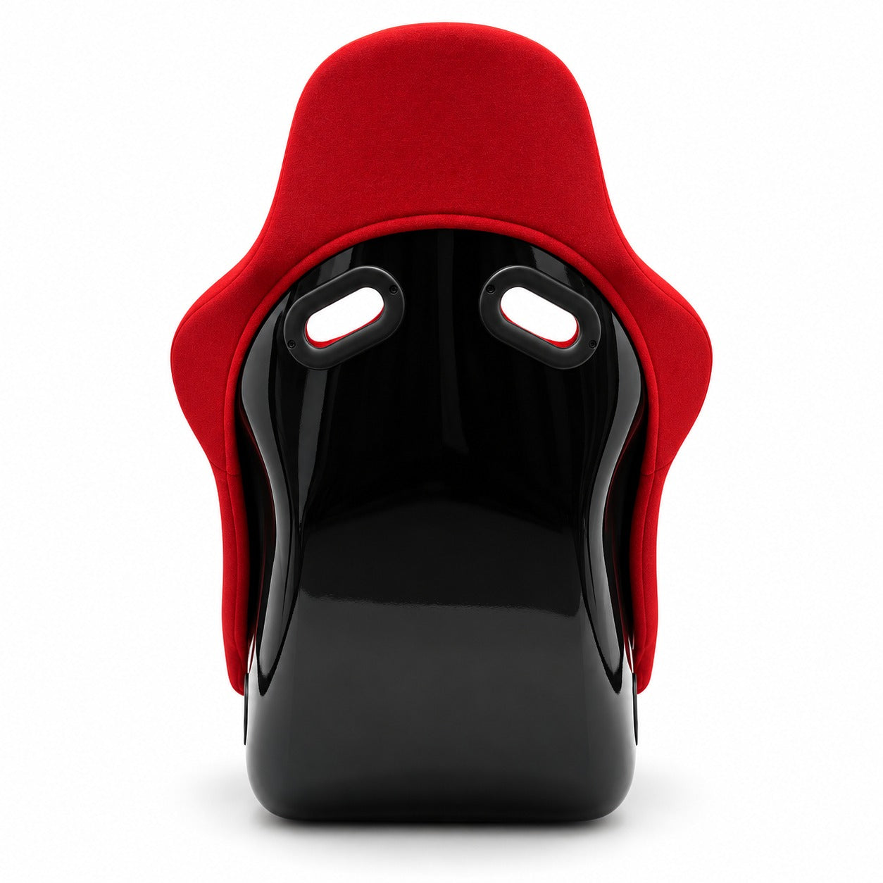 RECARO red racing bucket seat rear view showing black shell and shoulder harness openings