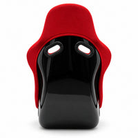 Thumbnail for RECARO red racing bucket seat rear view showing black shell and shoulder harness openings