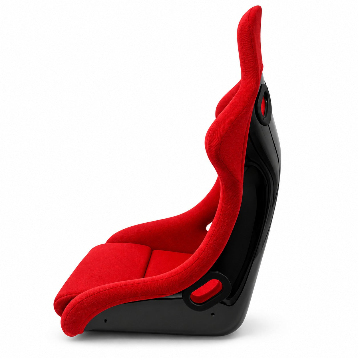 RECARO red racing bucket seat side profile with black shell and harness openings