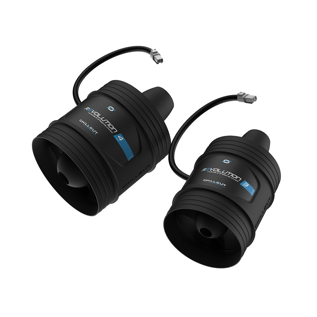 Two black cylindrical devices with cables on a white background