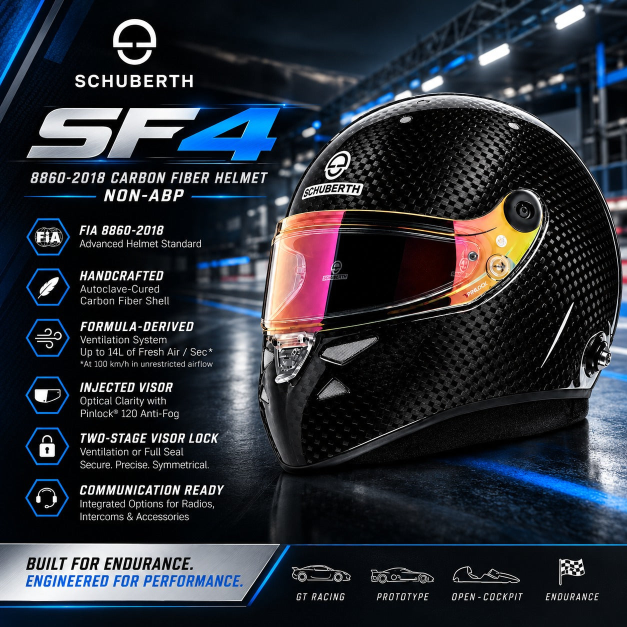 Schuberth SF4 Carbon Fiber Racing Helmet FIA 8860-2018 Non-ABP featuring handcrafted carbon shell, Formula-derived ventilation, Pinlock 120 anti-fog visor, two-stage visor lock, and communication-ready design.