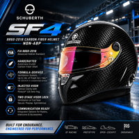 Thumbnail for Schuberth SF4 Carbon Fiber Racing Helmet FIA 8860-2018 Non-ABP featuring handcrafted carbon shell, Formula-derived ventilation, Pinlock 120 anti-fog visor, two-stage visor lock, and communication-ready design.