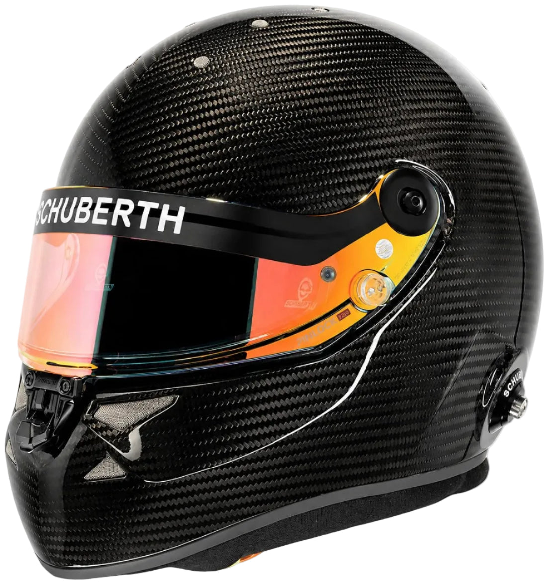 Schuberth SP1 Evo Carbon Fiber SA2025 racing helmet with iridescent visor on white background