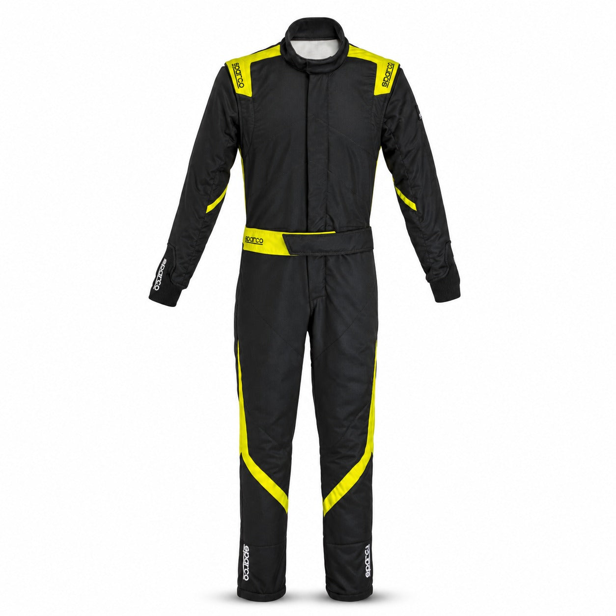 Sparco Competition Youth black and yellow racing suit with FIA and SFI approved fire-resistant construction.
