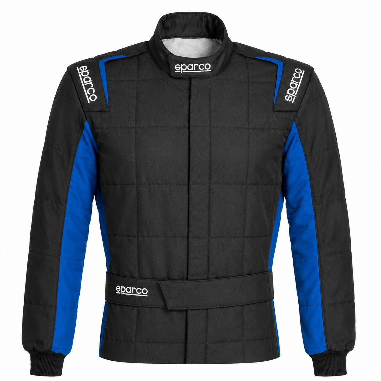Sparco Conquest 3.0 Race Suit black and blue upper-body Shopify image showing quilted construction, Sparco shoulder logos, high collar, belt closure, and knit cuffs.