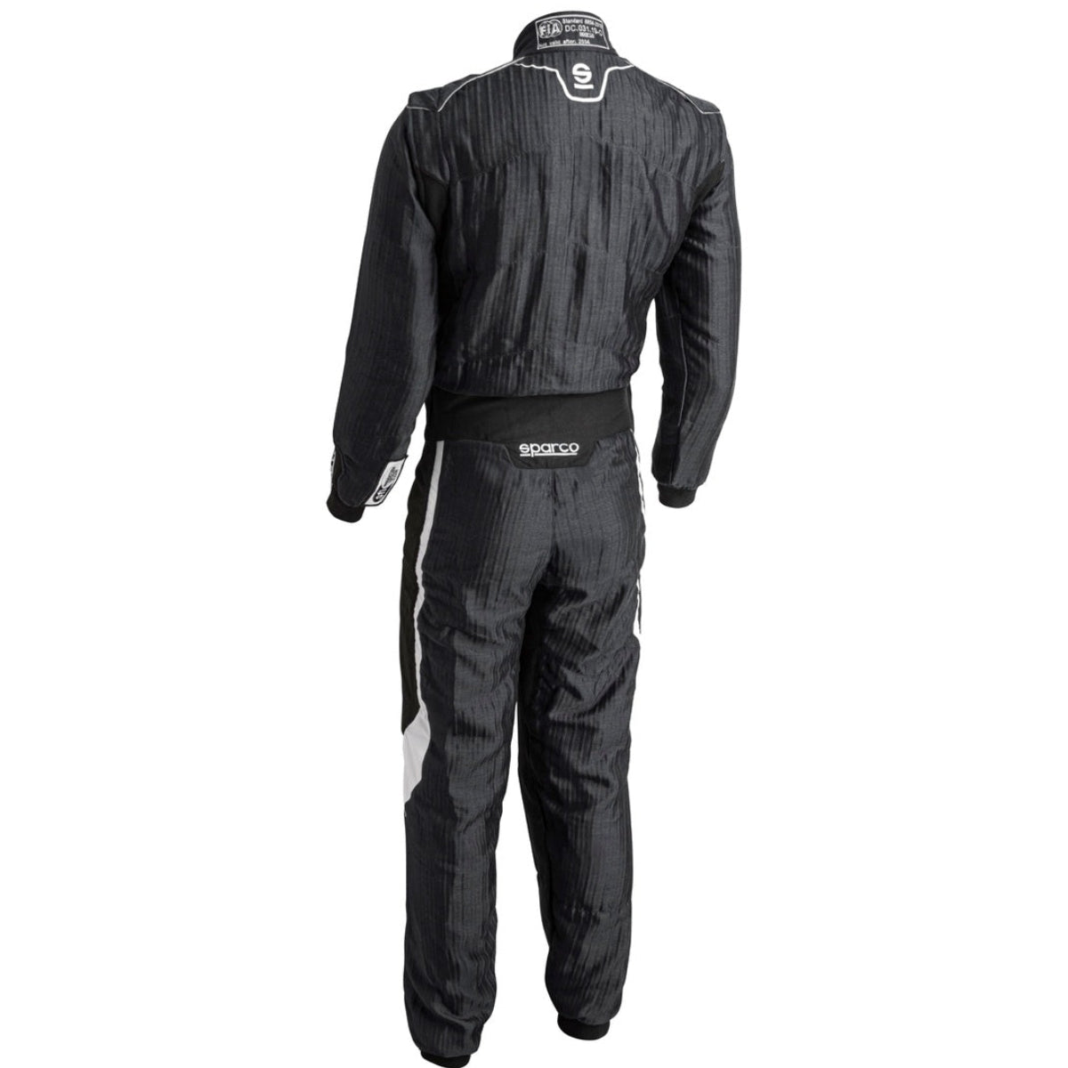 Sparco Eagle LTD Race Suit black rear view showing HOCOTEX fabric, rear stretch panel, Sparco lower back logo, and FIA homologation label.