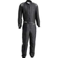 Thumbnail for Sparco Eagle LTD Race Suit black front view with HOCOTEX fabric, Sparco shoulder logos, belt closure, and black stretch side panels.