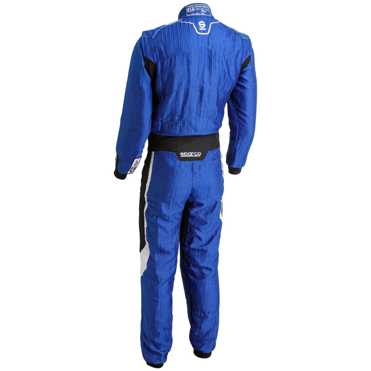 Sparco Eagle LTD Race Suit blue rear view showing HOCOTEX fabric, rear stretch panel, Sparco lower back logo, and FIA homologation label.