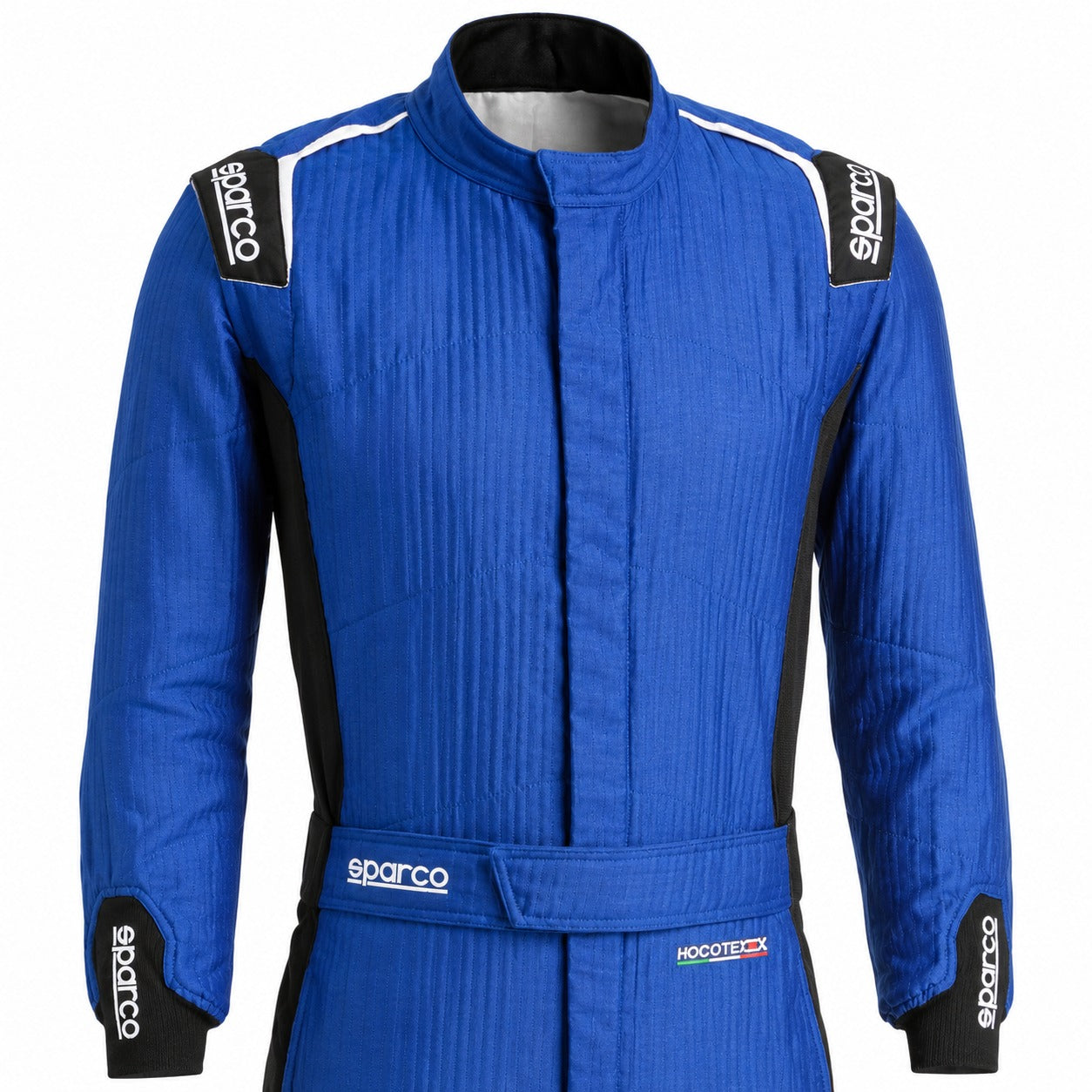 Sparco Eagle LTD Race Suit blue upper-body detail image showing Sparco shoulder logos, HOCOTEX fabric, belt closure, and black stretch side panels.
