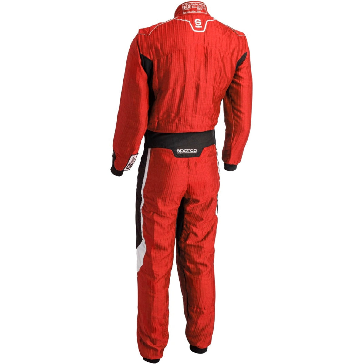 Sparco Eagle LTD Race Suit red rear view showing HOCOTEX fabric, rear stretch panel, Sparco lower back logo, and FIA homologation label.