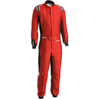 Thumbnail for Sparco Eagle LTD Race Suit red front view with HOCOTEX fabric, Sparco shoulder logos, belt closure, and black stretch side panels.