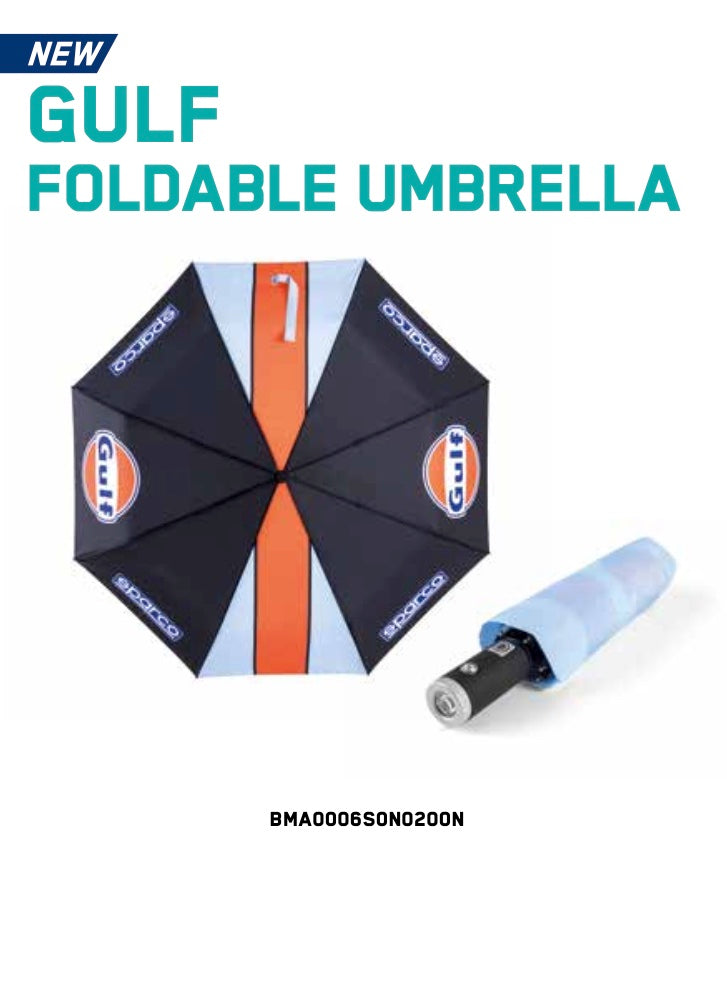 Sparco Gulf Foldable Umbrella with LED handle shown open in Gulf racing colors and folded with light blue cover