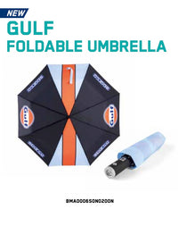 Thumbnail for Sparco Gulf Foldable Umbrella with LED handle shown open in Gulf racing colors and folded with light blue cover