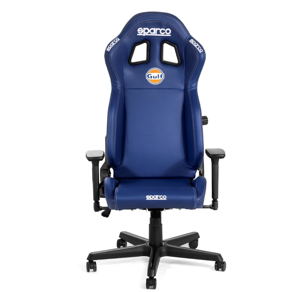 Sparco Gulf Icon Chair front view with deep blue leather and Gulf logo on seat back
