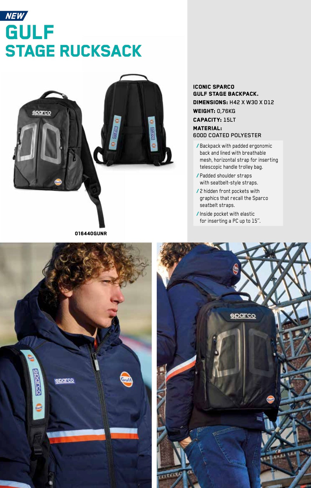Explore the Sparco Gulf Stage Backpack in this lifestyle image—featuring racing-style seatbelt straps, ergonomic design, and iconic Gulf branding, perfect for motorsport fans and everyday use.