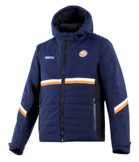 Thumbnail for Front view of Sparco Gulf Winter Jacket in navy blue with insulated hood, Gulf stripes, and zip closure