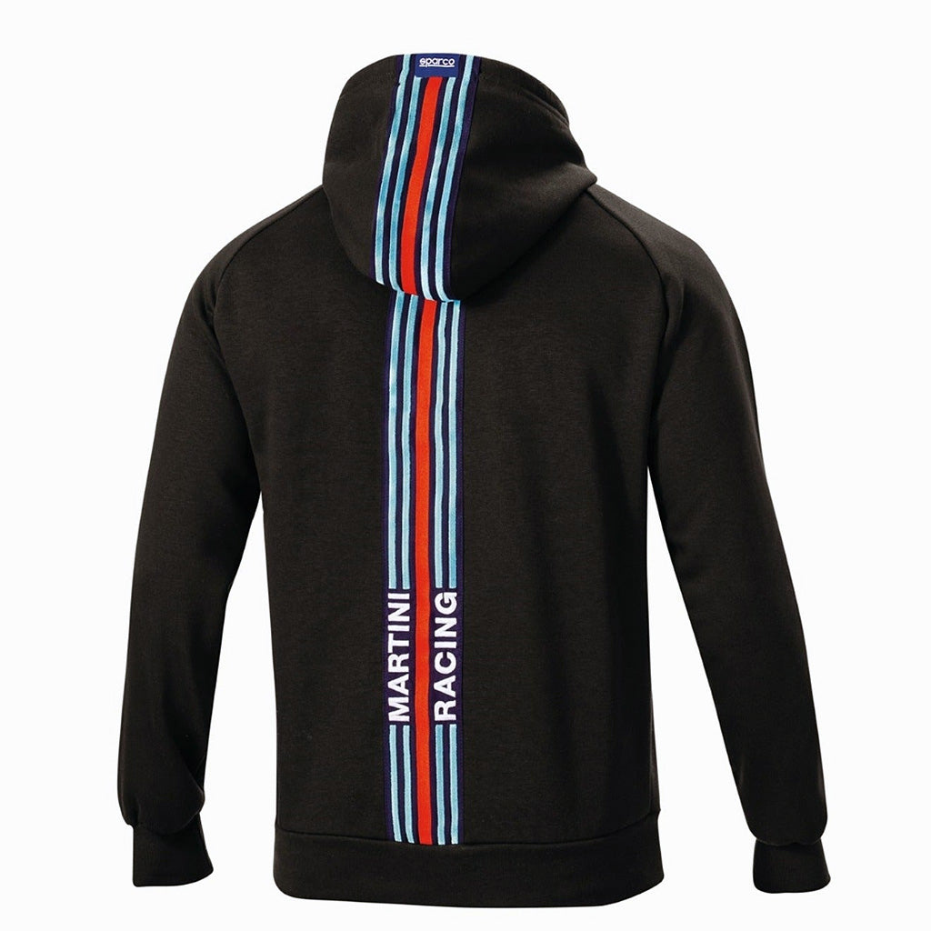 Black hoodie with Martini Racing logo and stripes on a white background
