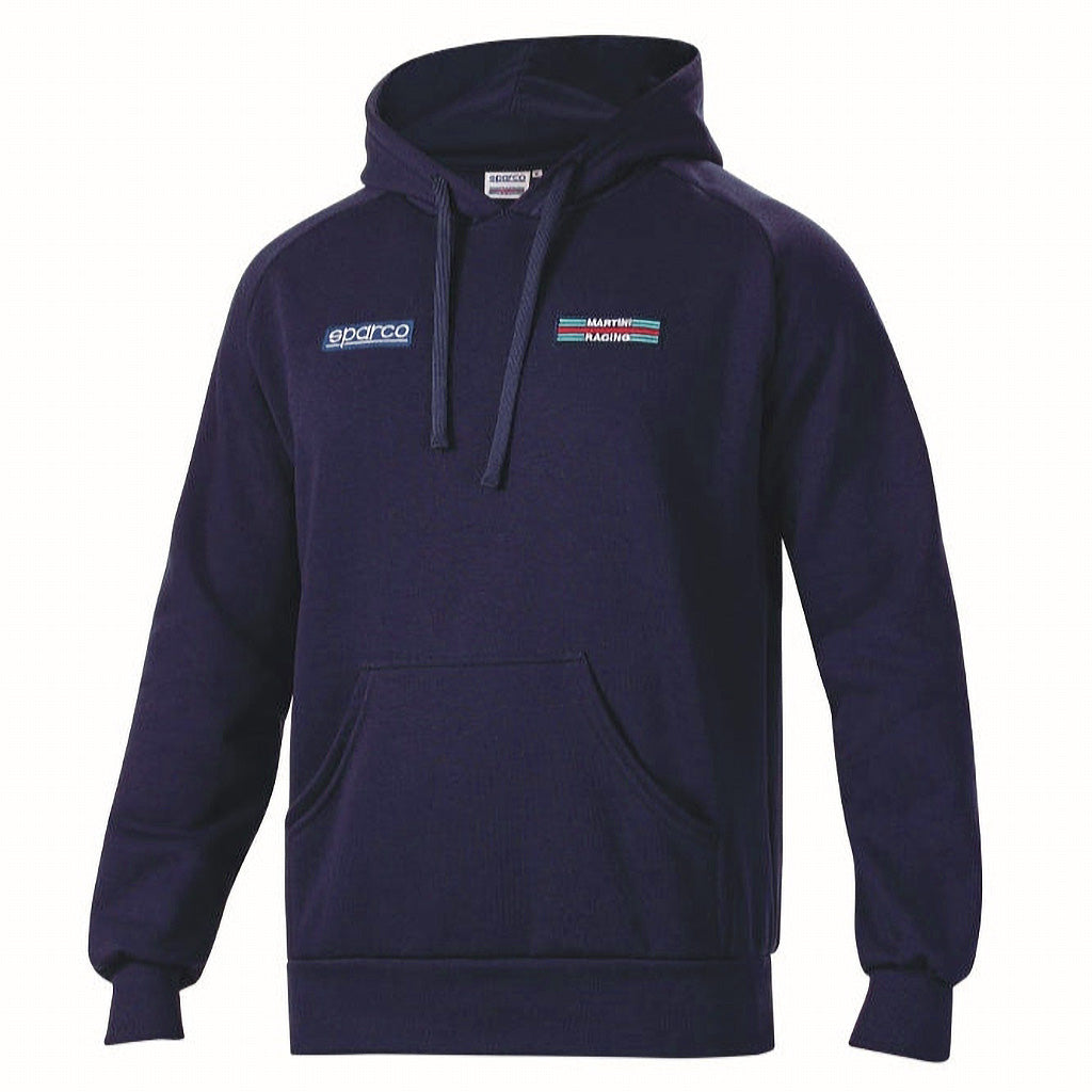 Navy blue hoodie with brand logo on a white background