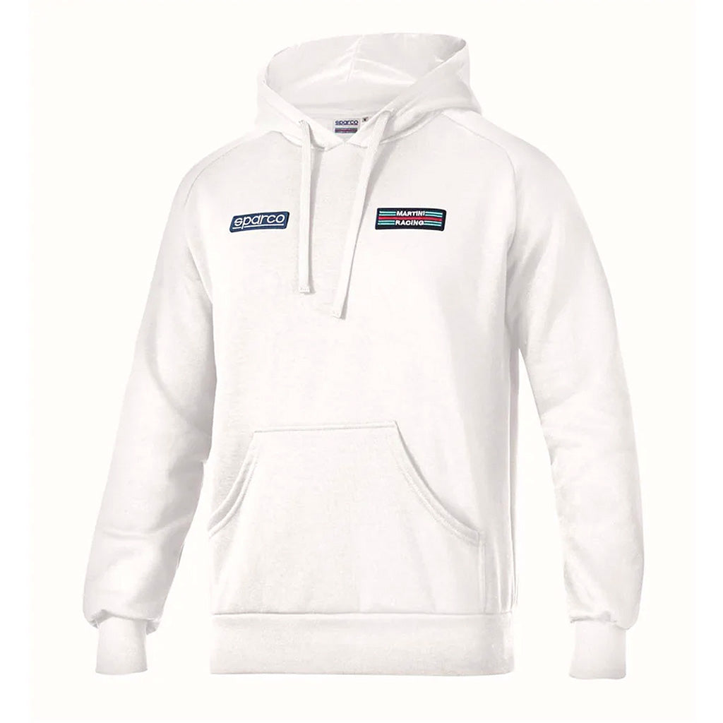 White hoodie with logos on the chest on a white background