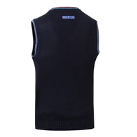 Thumbnail for Sparco Martini Knitted Vest rear view, navy cotton with embroidered Sparco logo at the neck and tri-stripe collar and armhole accents, white background