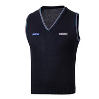Thumbnail for Sparco Martini Knitted Vest front view, navy cotton with embroidered Sparco logo on left chest and Martini Racing logo on right, white background
