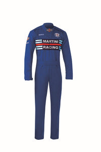 Thumbnail for Front view of Sparco Martini Racing Mechanic Suit showing iconic retro livery and blue crew-style design
