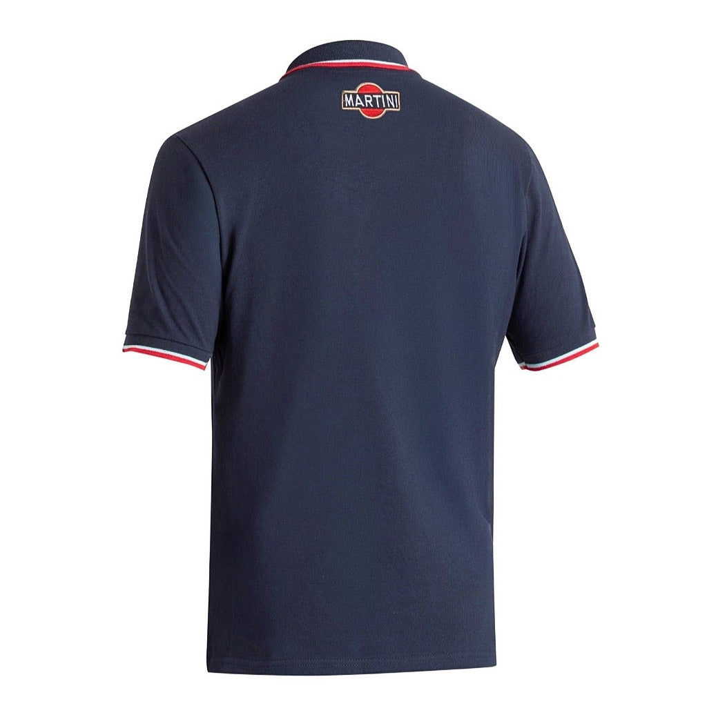 Navy blue polo shirt with a brand logo on the back against a white background