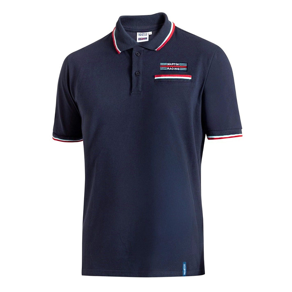Navy blue polo shirt with red and white accents on a white background