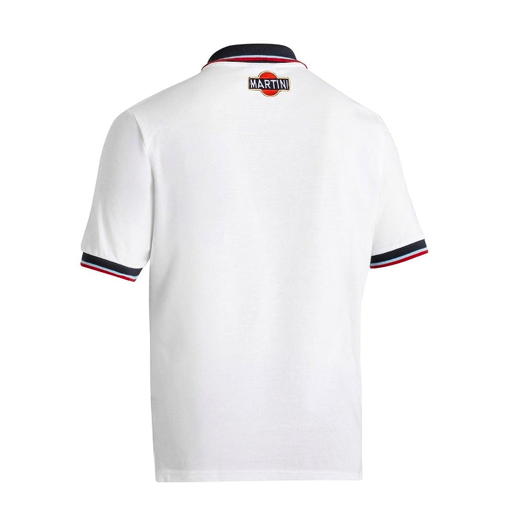 White polo shirt with red and blue accents on a white background
