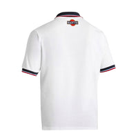 Thumbnail for White polo shirt with red and blue accents on a white background