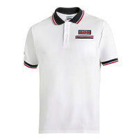 Thumbnail for White polo shirt with black, red, and blue accents on a white background