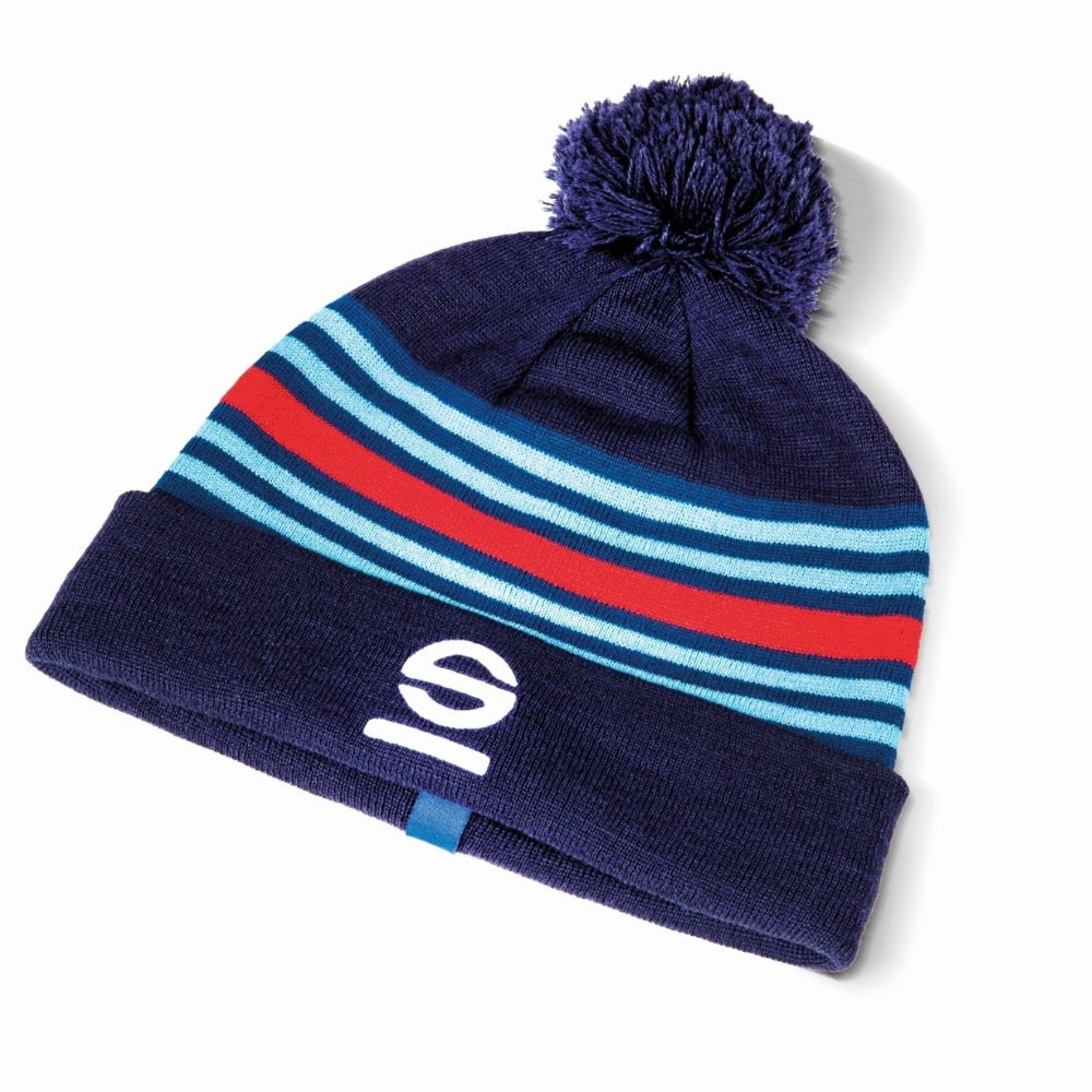 Sparco Martini Racing Beanie with navy blue knit, red and blue stripes, pom top, and white Sparco S logo on the cuff