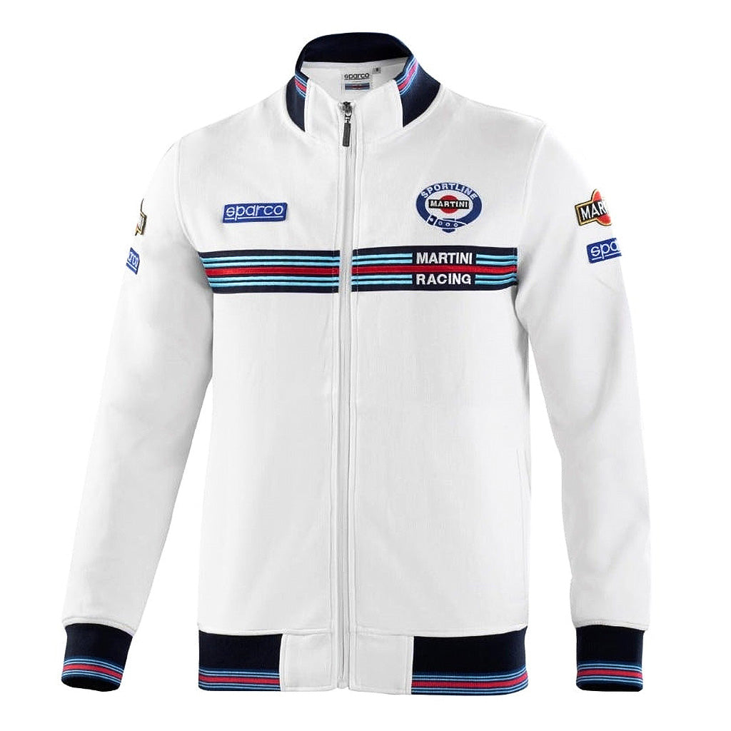 White jacket with racing-themed branding on a white background