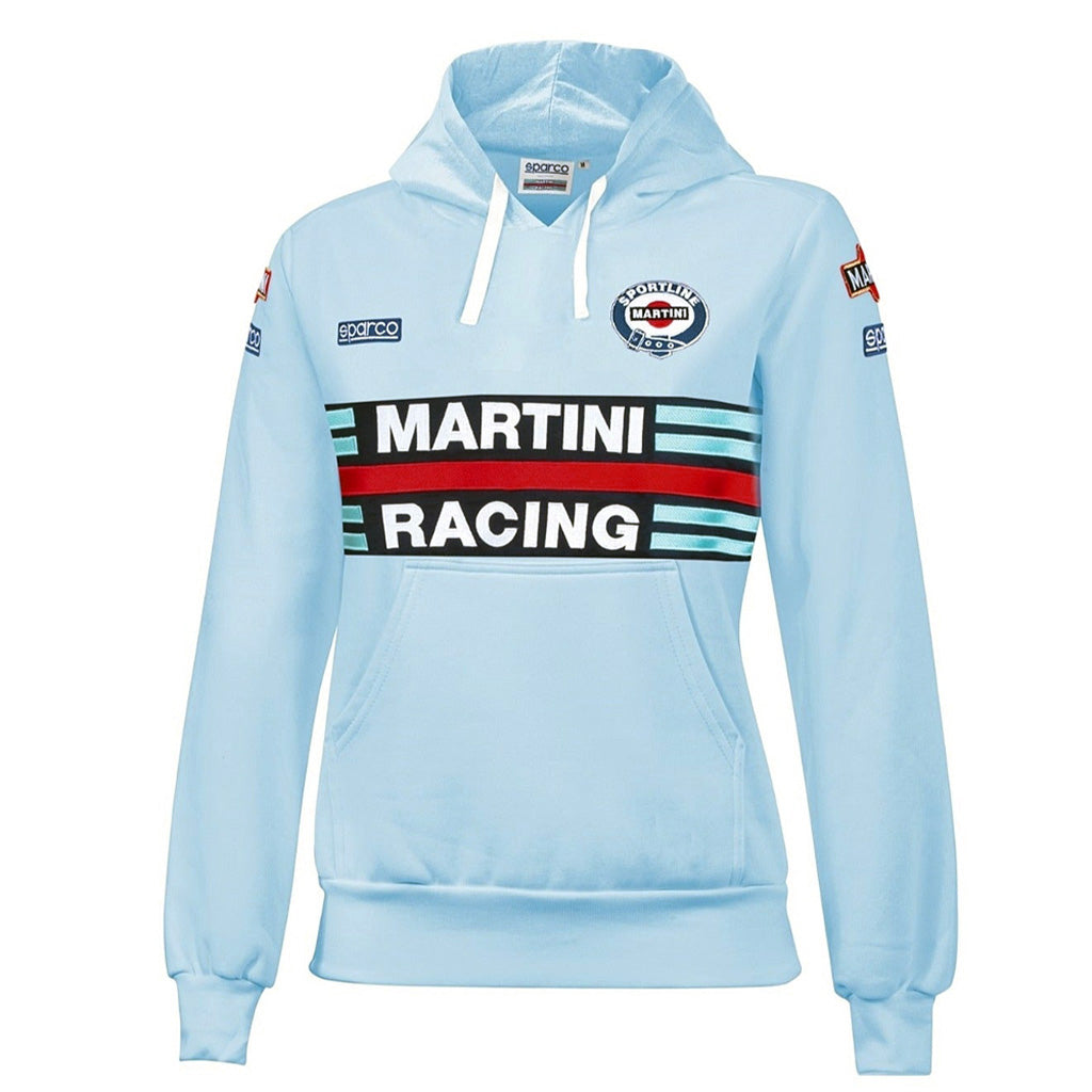 Light blue hoodie with Martini Racing logo on a white background