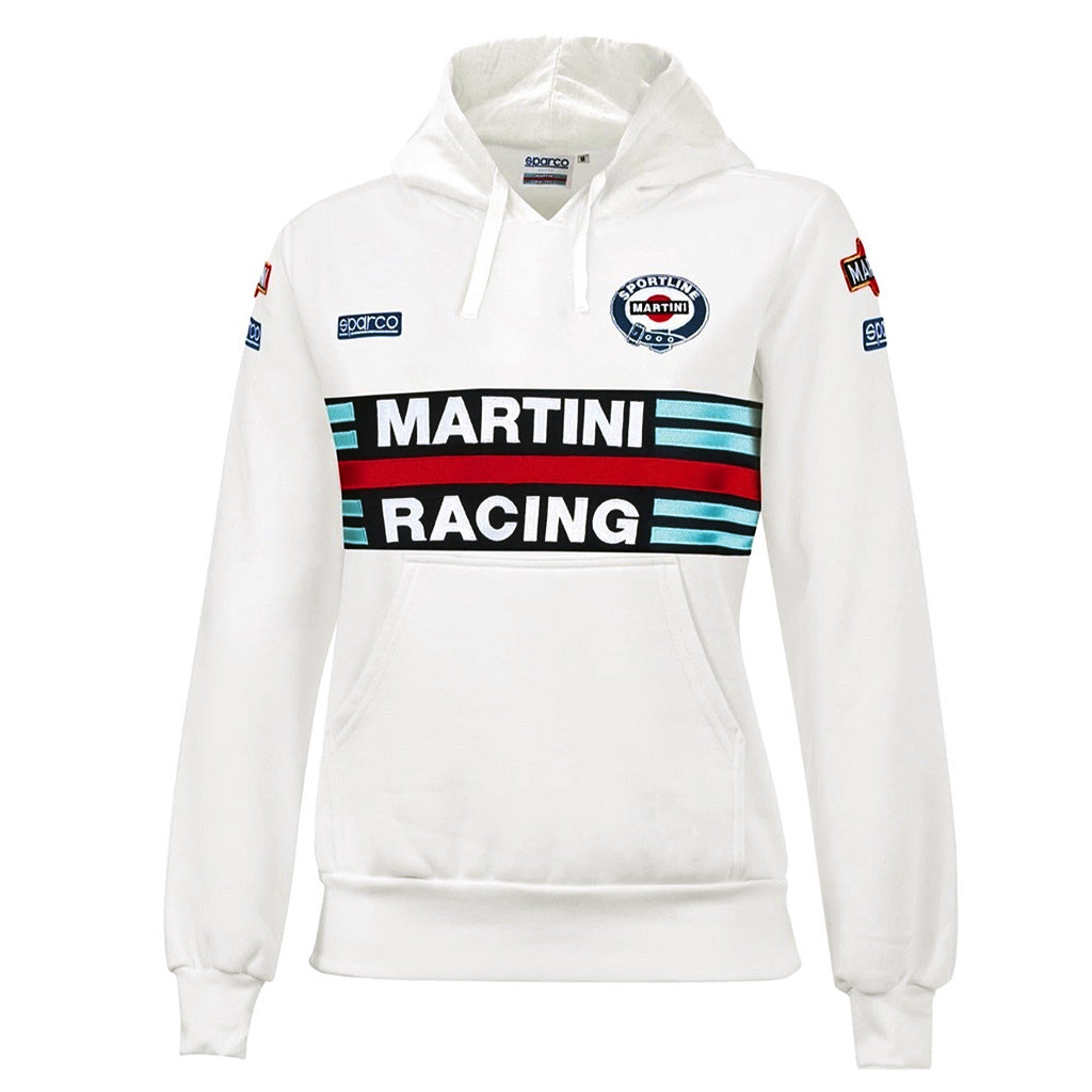 White hoodie with Martini Racing logo on a white background