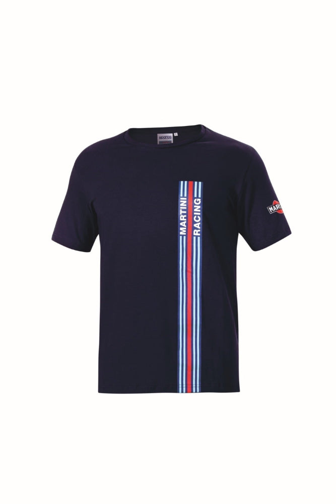 Navy blue t-shirt with red and white stripes on a white background