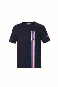 Thumbnail for Navy blue t-shirt with red and white stripes on a white background
