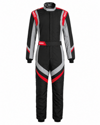 Thumbnail for Sparco Prime racing suit in black with red and gray accents on a clean white background