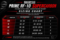 Thumbnail for Sparco Prime RF-10 Supercarbon helmet sizing chart with XS through XL sizes, head circumference measurements in centimeters and inches, and shell sizes