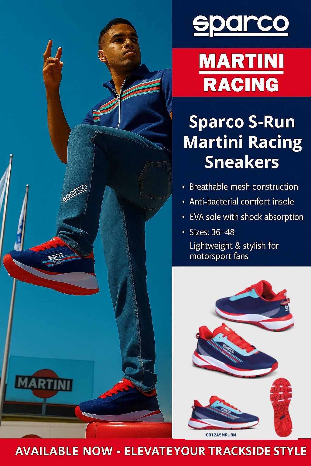 Promotional graphic of Sparco S-Run Martini Racing Sneakers with model, product features, and multiple shoe views against a vibrant trackside backdrop