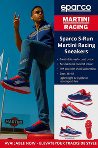 Thumbnail for Promotional graphic of Sparco S-Run Martini Racing Sneakers with model, product features, and multiple shoe views against a vibrant trackside backdrop