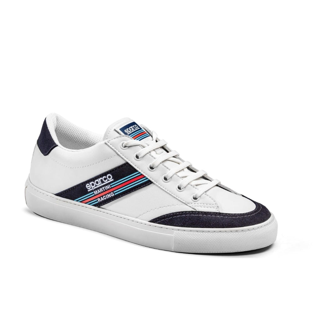 Angled front view of Sparco S-Time Martini Racing shoe with lace and toe detailing