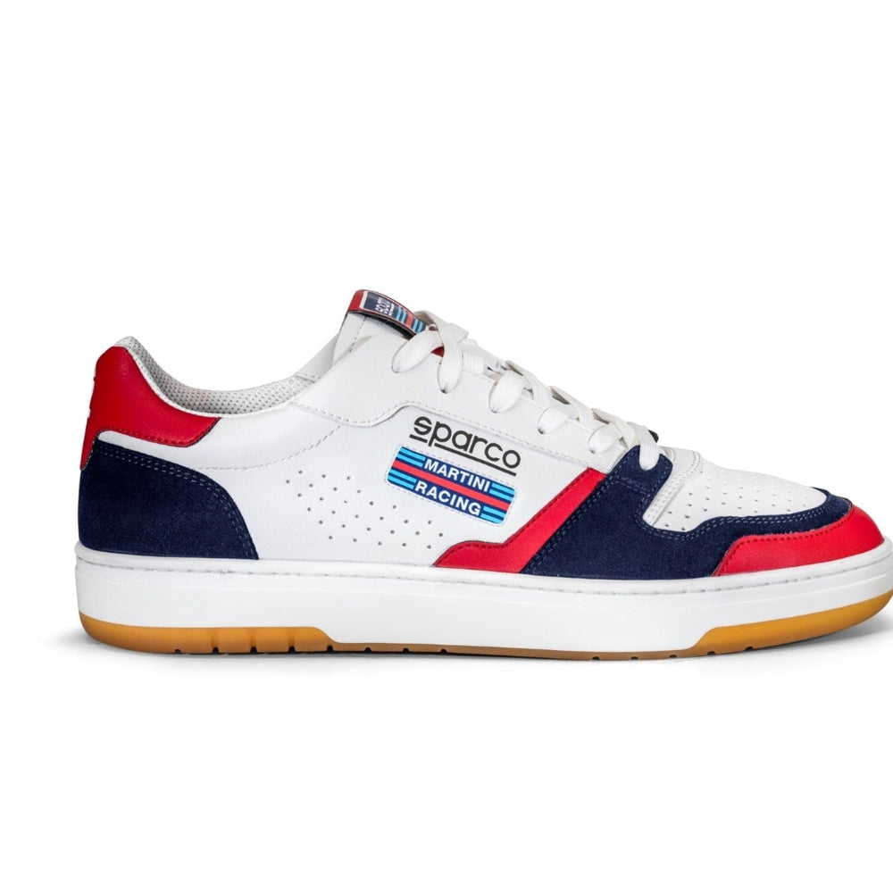 White sneaker with red and blue accents on a white background