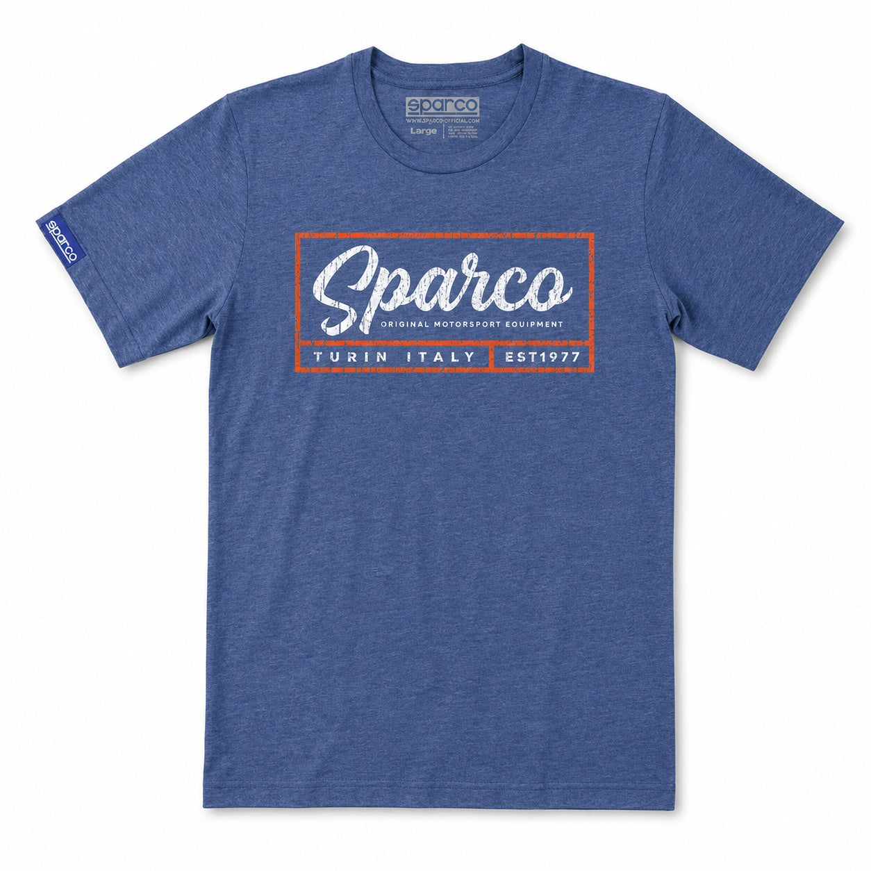 Sparco Script Tee Blue
 front view with vintage motorsport logo
