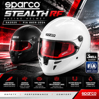 Thumbnail for Sparco Stealth RF racing helmets in Matte Black and Gloss White with red interiors, featuring Snell SA2025 and FIA 8859-2024 certifications, lightweight carbon-reinforced fiberglass shells, advanced ventilation, three-position visors, removable fire-retardant linings, factory-installed HANS posts, and optional hydration compatibility.